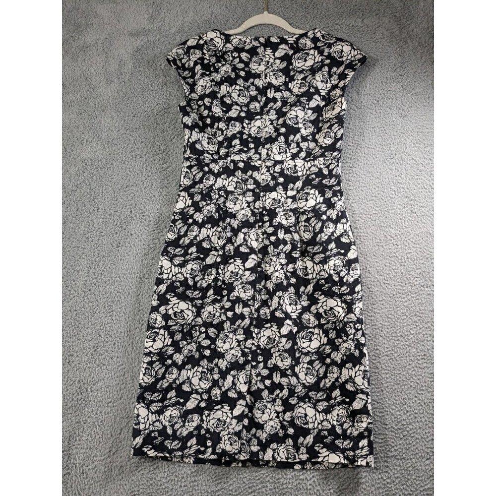 Talbots Dress Womens 4 Roses Boho Floral Black White Cotton Stretch Pockets - Picture 2 of 16